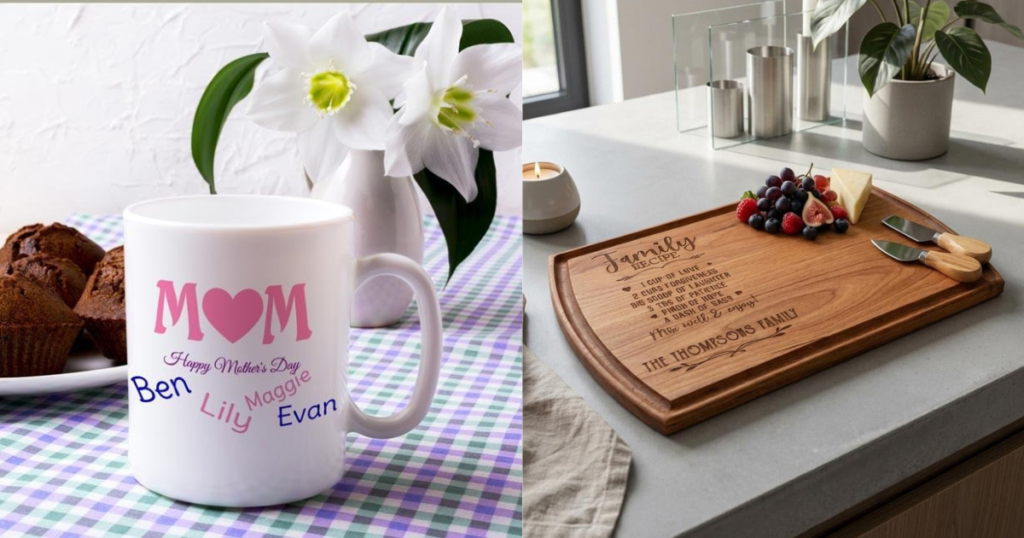 Personalized home décor and drinkware gifts for Mom.