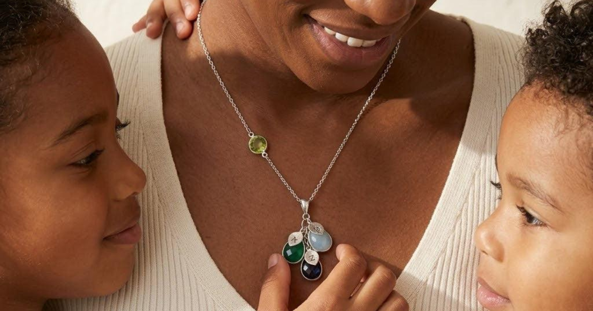 Personalized jewelry including engraved necklaces, bracelets, and birthstone rings for moms.